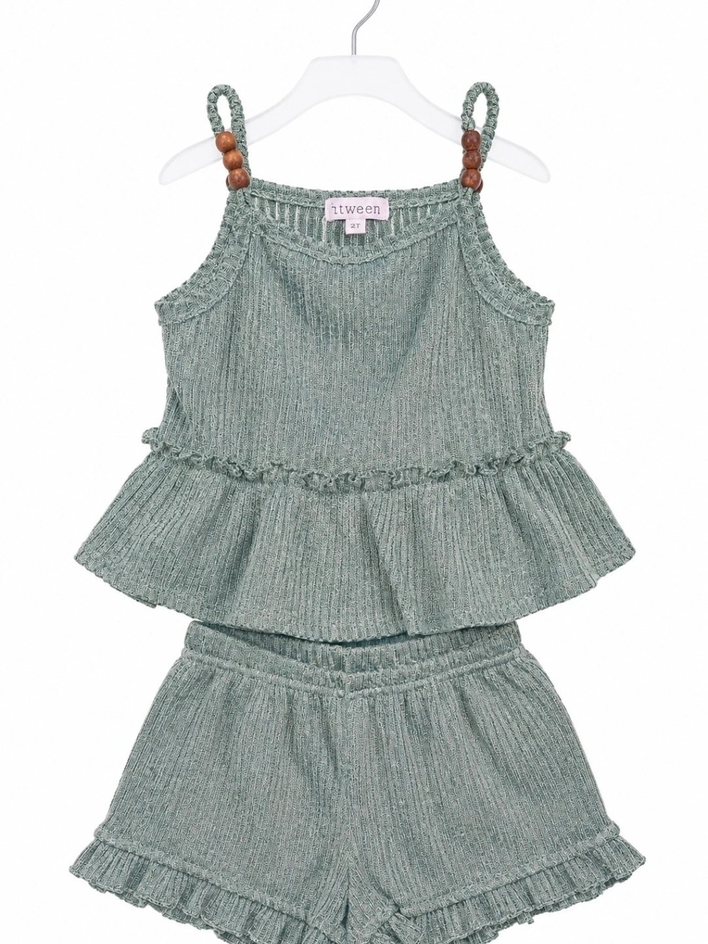 Boho-Btween Knit Ruffle Tank & Shorts Set in Sage Green Size- 2T